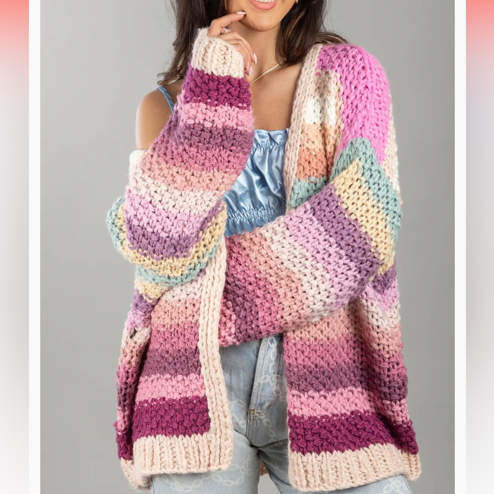 SAACHI Multicolor Chunky Knit Cardigan in Pink, Purple & Cream
